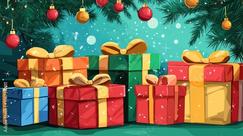 Clipart Christmas presents wrapped in colorful paper with big bows, stacked under a tree photo