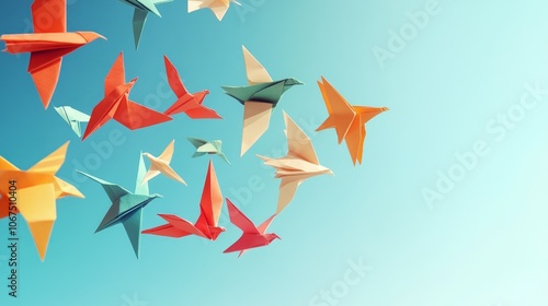 Colorful Origami Birds Flying Against a Blue Background