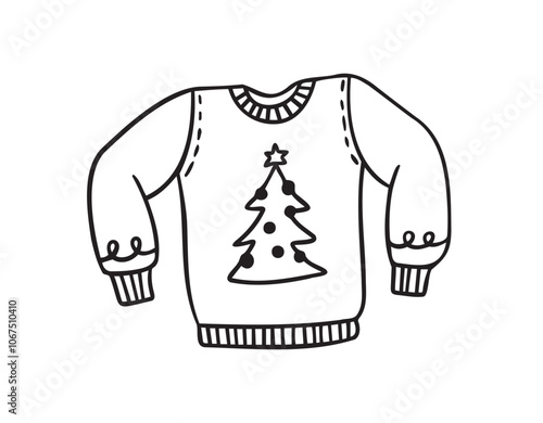 Warm hand drawn Christmas knitted sweater with a pattern icon. Doodle warm winter clothes. New year cozy winter doodle pullover.