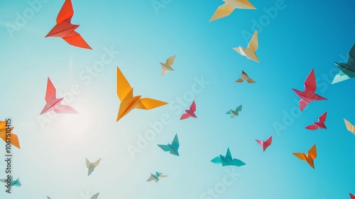 Colorful Origami Butterflies in a Clear Blue Sky