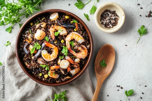 Top view of black rice paella with shrimp and squid featuring a wooden spoon allioli sauce tablecloth and plants photo