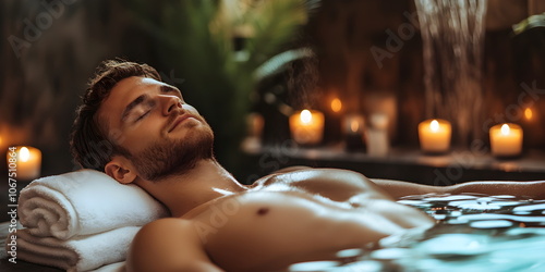 A man takes a relaxing bath in a spa salon. Grooming procedures for men. photo