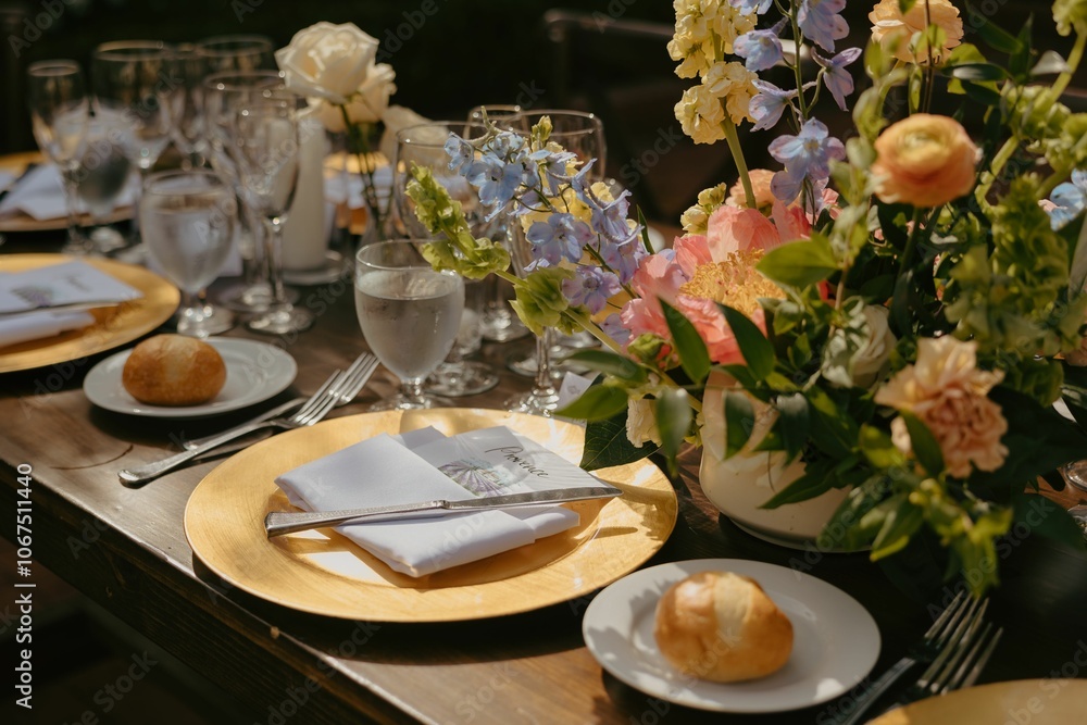 Fototapeta premium Elegant wedding table setting with flowers and glasses, perfect for a romantic celebration
