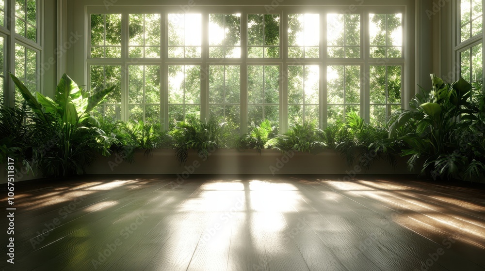 A spacious room bathed in sunlight, offering a lush green view through large window panes, surrounded by thriving indoor plants creating a fresh atmosphere. A spacious room bathed in sunlight, offering a lush green view through large window panes, surrounded by thriving indoor plants creating a fresh atmosphere.