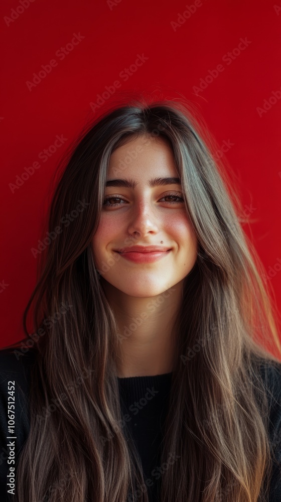 Young Woman with Long Hair Smiling Against Red Background Young Woman with Long Hair Smiling Against Red Background