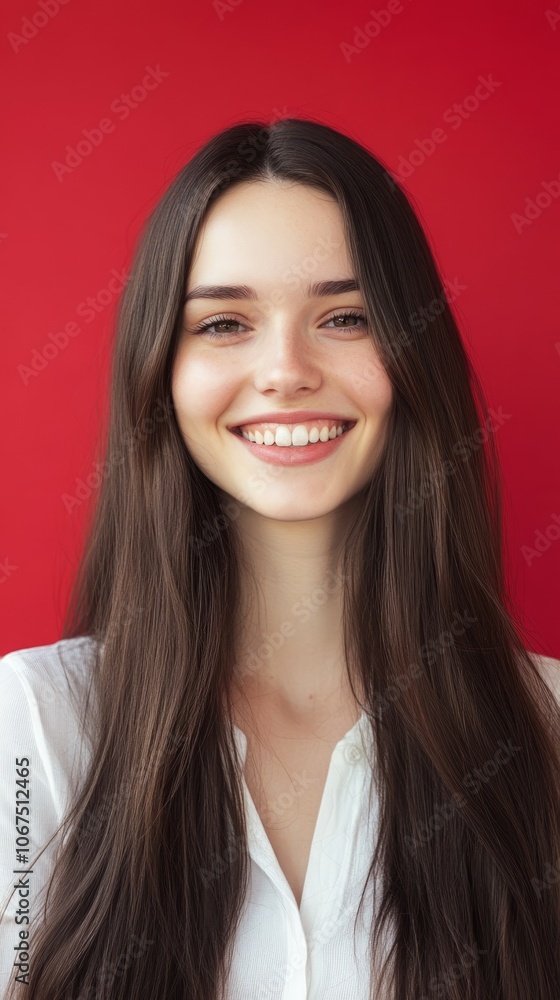 Smiling Young Woman with Long Dark Hair Against a Red Background