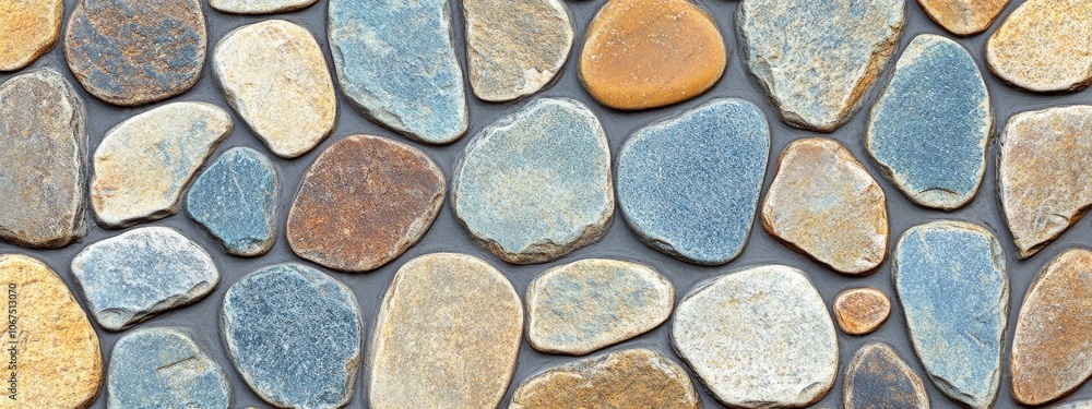 A close-up view of various smooth stone, stones, rock arranged in a decorative pattern. A close-up view of various smooth stone, stones, rock arranged in a decorative pattern.