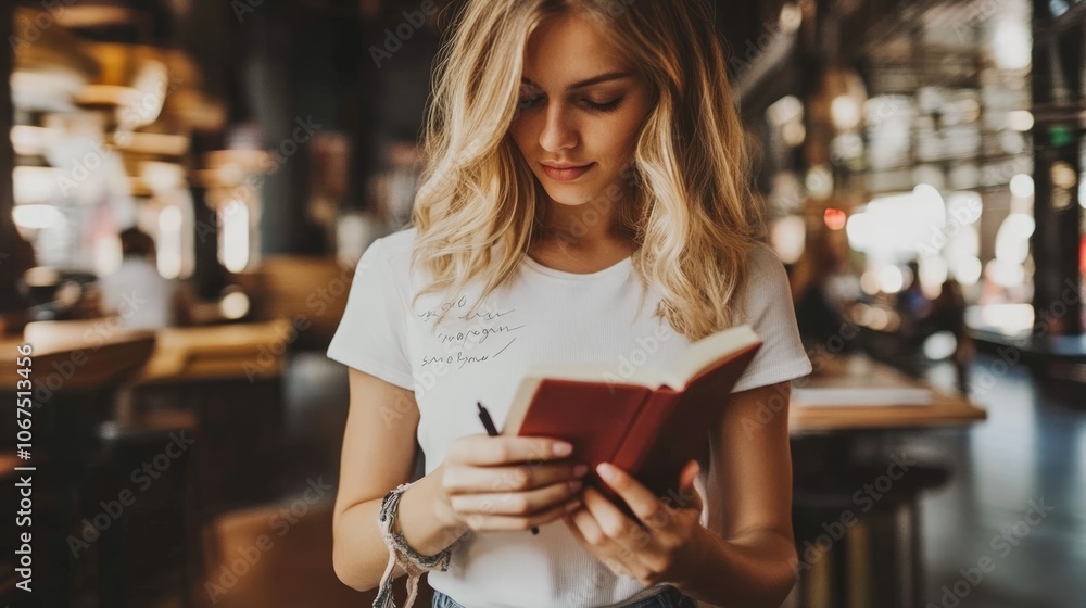 Young Woman Reading a Book in a Cozy Cafe Setting Young Woman Reading a Book in a Cozy Cafe Setting