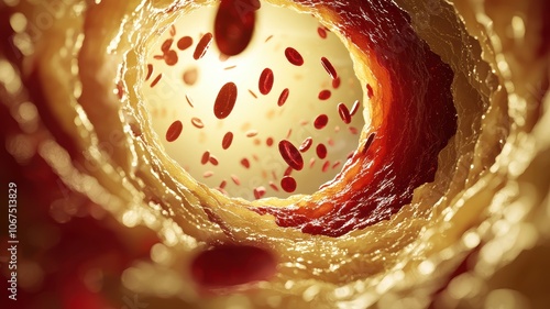 Close-up view of blood cells in artery, detailed interior view.