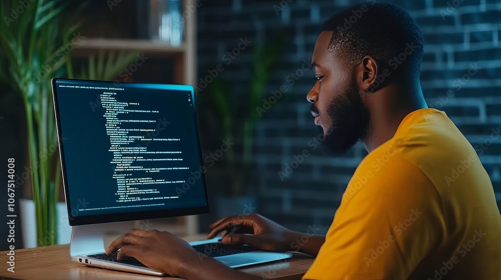 Fototapeta premium Programmer typing in low light, screen glowing