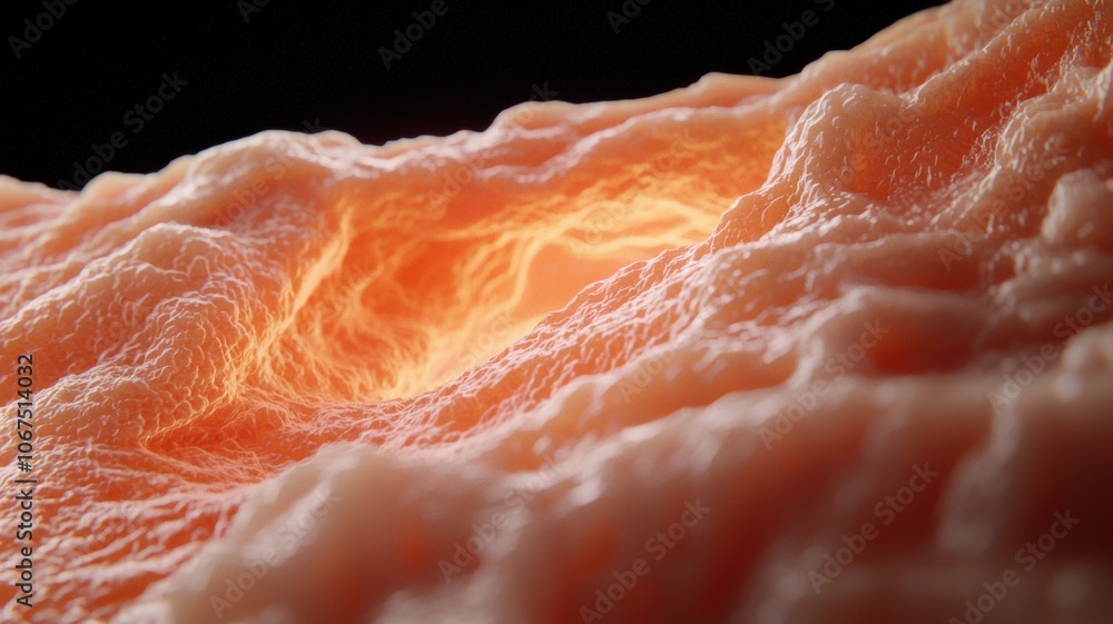 Close-up view of textured organic surface with glowing features. Close-up view of textured organic surface with glowing features.
