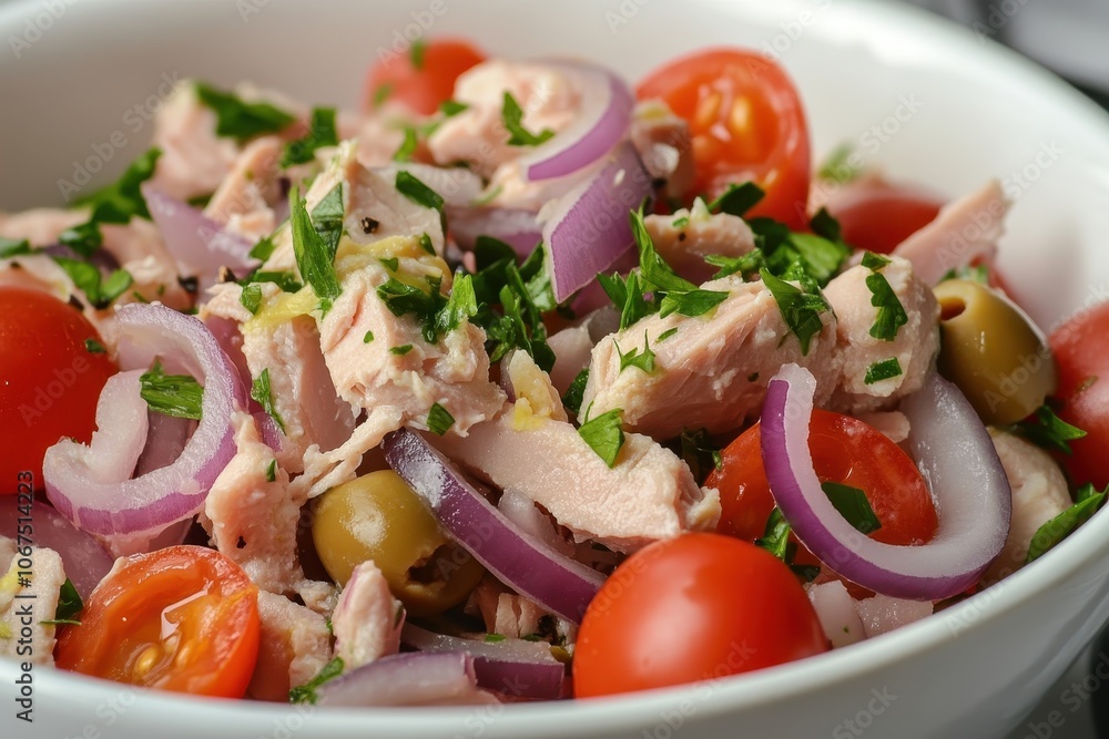 Tuna salad with white beans olives red onion and tomatoes Nutritious dish Tuna salad with white beans olives red onion and tomatoes Nutritious dish