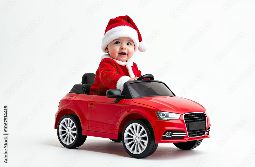 Fototapeta premium A joyful baby in a Santa outfit driving a toy car during the festive holiday season