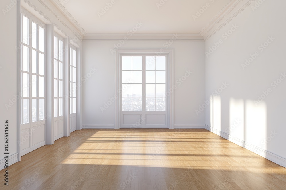 Vacant living room featuring laminate floors and newly finished white walls plus entry to two comparable terraces Vacant living room featuring laminate floors and newly finished white walls plus entry to two comparable terraces
