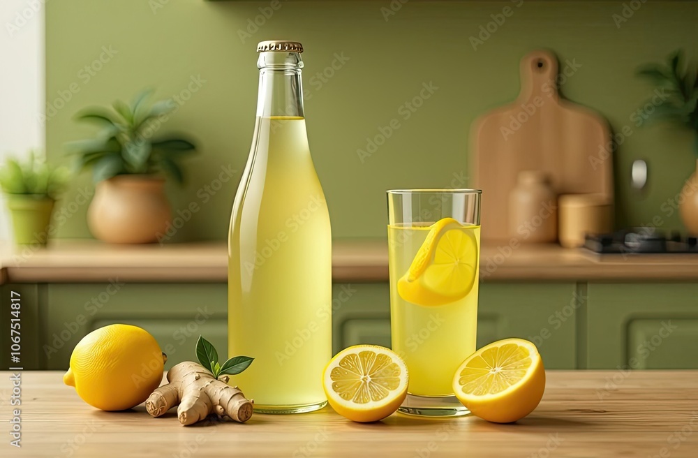 Fototapeta premium Refreshing homemade lemonade with ginger served in a glass alongside lemons and ginger root
