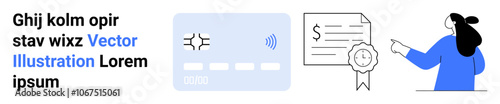 Woman points at document, credit card with wireless symbol, text on the left. Ideal for financial services, e-commerce, online payment, security, verification, business presentations, educational