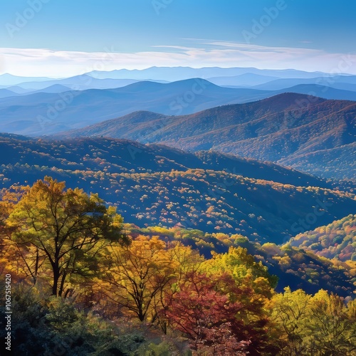 View of Blue Ridge Mountains (near) and Appalachian Mountains (distance) from overlook on Skyline Drive in Shenandoah National Park, Virginia, USA, in late September. 