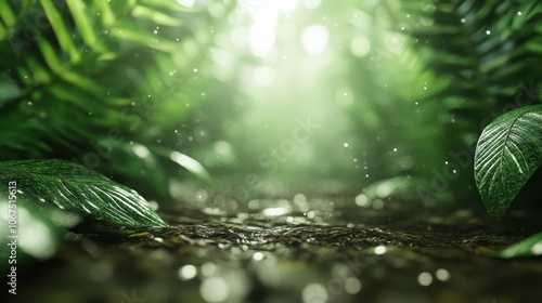 A tranquil forest path with vibrant green leaves, dappled sunlight and soft focus, creating a serene natural environment full of life and calmness. photo