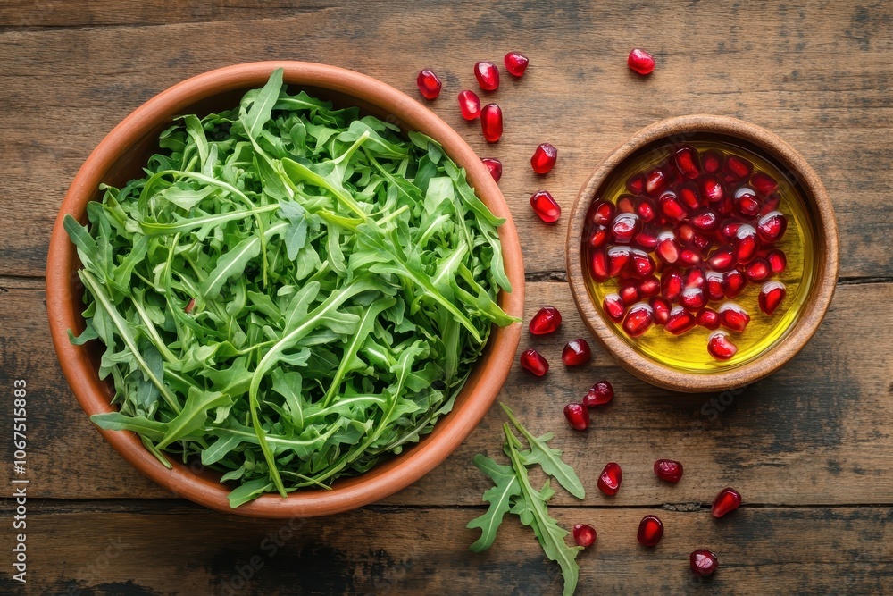 Vegetarian salad of arugula pomegranate seeds and olive oil served in a clay bowl on a wooden table Top view Vegetarian salad of arugula pomegranate seeds and olive oil served in a clay bowl on a wooden table Top view