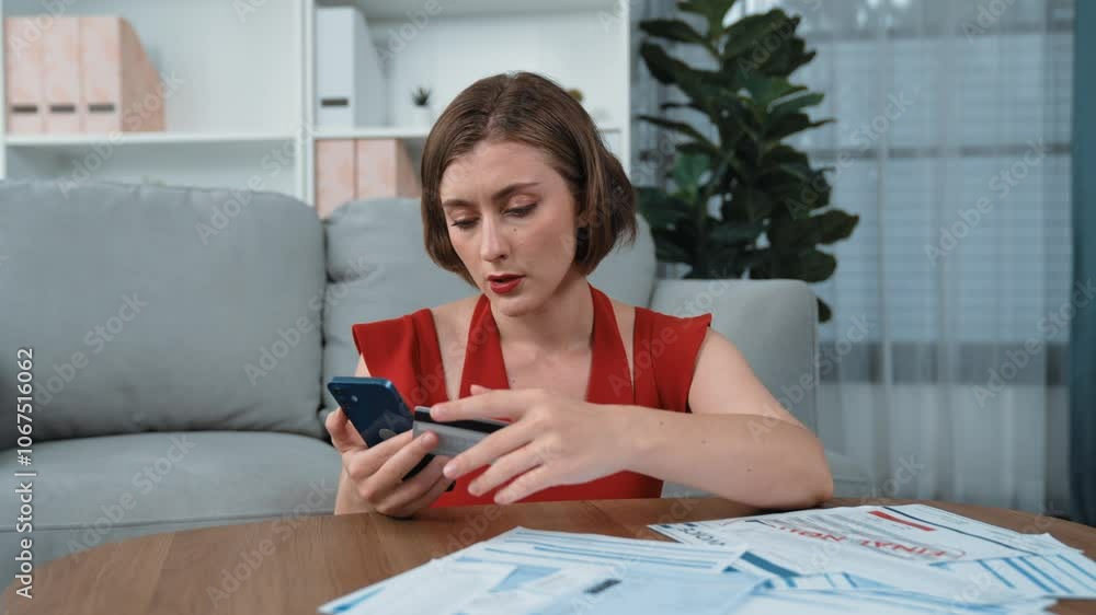 Stressed young woman has financial problems with credit card debt to pay prim from bad personal money and mortgage pay management crisis. Woman worry about financial bankruptcy risk from over spending Stressed young woman has financial problems with credit card debt to pay prim from bad personal money and mortgage pay management crisis. Woman worry about financial bankruptcy risk from over spending