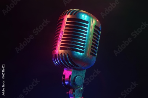 Vintage mic illuminated by vibrant lights against dark backdrop theme of singing