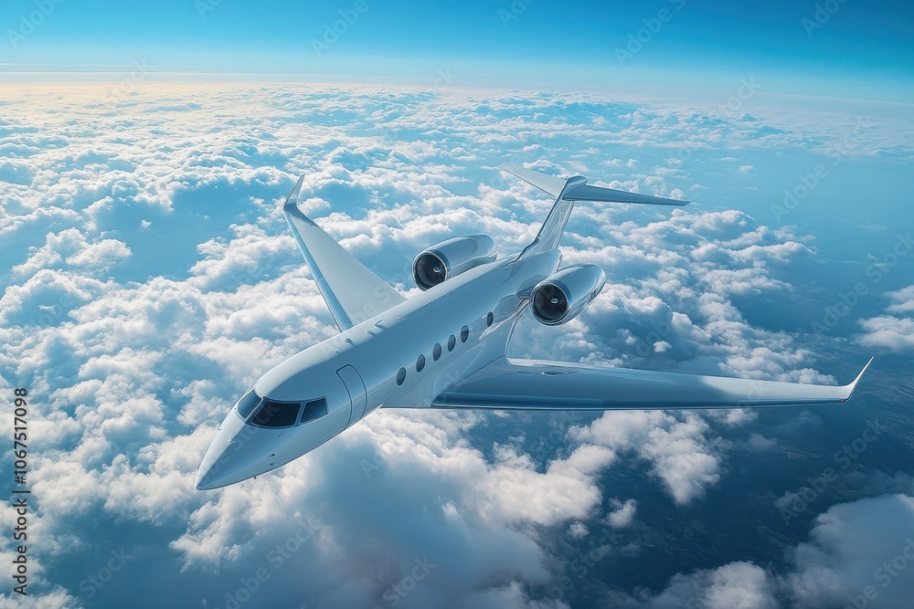 Fototapeta premium Airplane Flying in Clear Blue Sky with Clouds Below