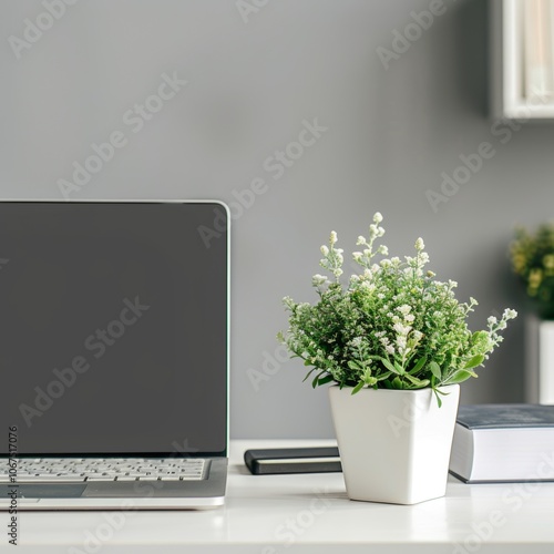 White office desk with computer laptop, plant and document at modern office photo