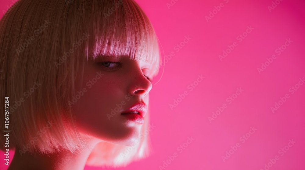 Model poses against a vibrant pink backdrop with striking lighting Model poses against a vibrant pink backdrop with striking lighting