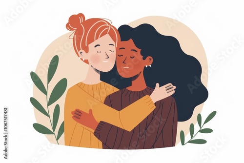 Illustration of diverse friendship embracing with plants photo