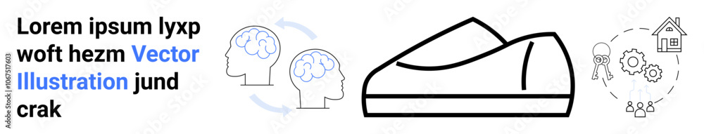 Shoe outline, cognitive process exchange icon with heads and arrows, and a home automation icon with gears and house. Ideal for technology, innovation, fashion, communication, cognitive science Shoe outline, cognitive process exchange icon with heads and arrows, and a home automation icon with gears and house. Ideal for technology, innovation, fashion, communication, cognitive science