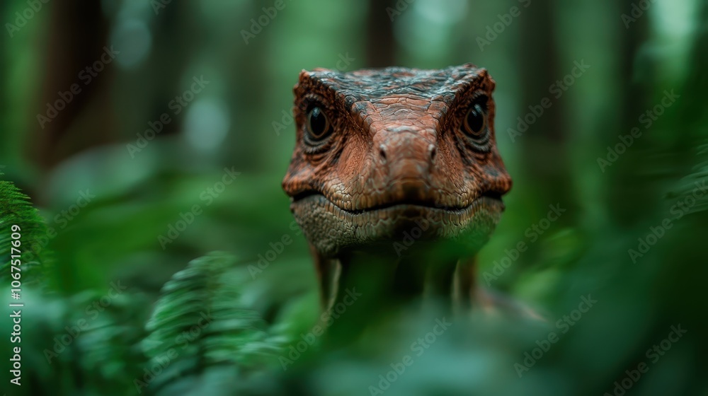 A cryptic dinosaur peers from behind dense, green foliage, evoking an era where prehistoric life thrived in rich, vibrant environments teeming with secrets. A cryptic dinosaur peers from behind dense, green foliage, evoking an era where prehistoric life thrived in rich, vibrant environments teeming with secrets.