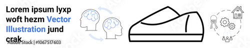 Shoe outline, cognitive process exchange icon with heads and arrows, and a home automation icon with gears and house. Ideal for technology, innovation, fashion, communication, cognitive science