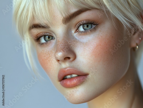 Close-up portrait of a young woman with light blonde hair indoors