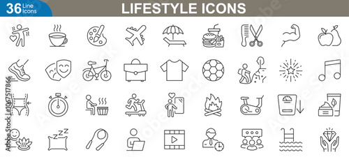 Lifestyle outline web icons set. Healthy eating, fitness, mindfulness, travel, fashion, sustainability and more. vector illustration.