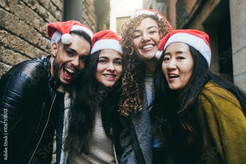 Winter, Young people celebrate christmas party outside in the city, Group of friends enjoy holiday travel vacations