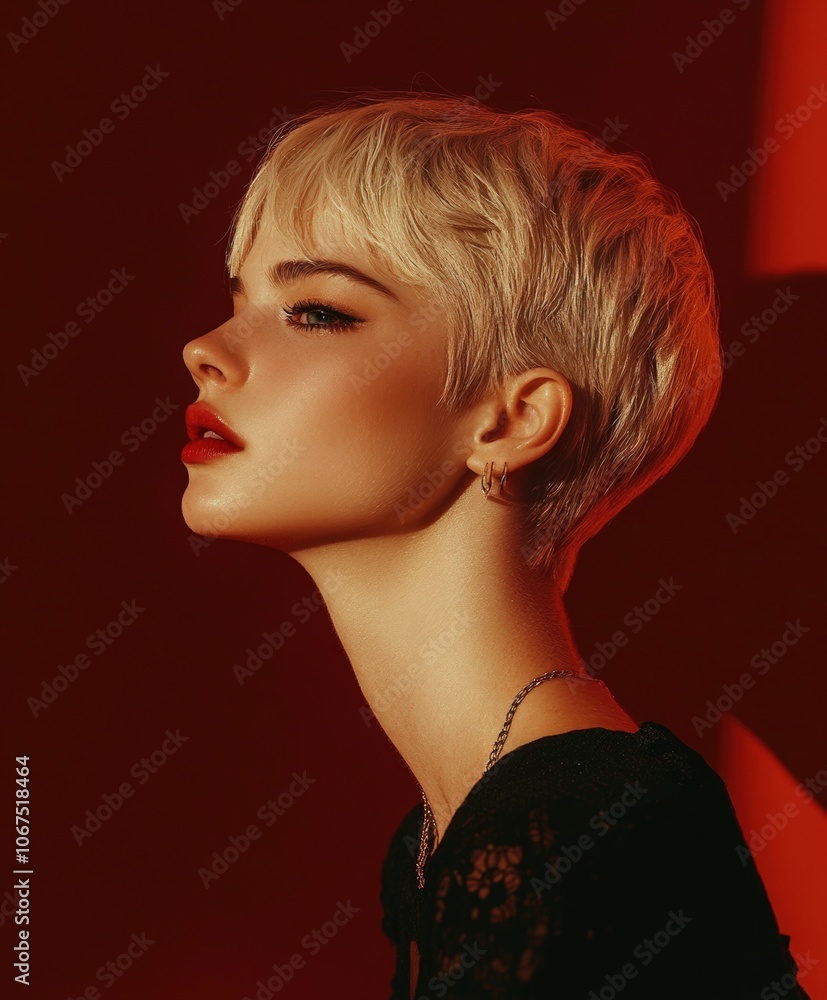 Fototapeta premium Young woman with short blonde hair posing against a red background