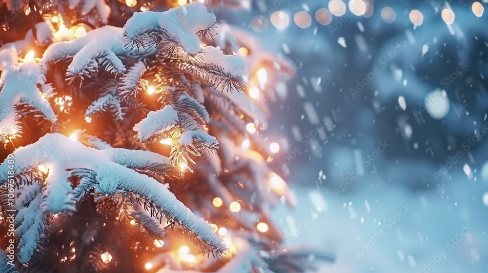 christmas tree branches with garland lights, copy space christmas tree branches with garland lights, copy space