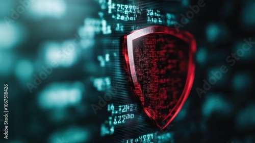 A digitally-created red shield symbolizes cybersecurity, set against a backdrop of binary code to emphasize digital protection and technological defense mechanisms. photo