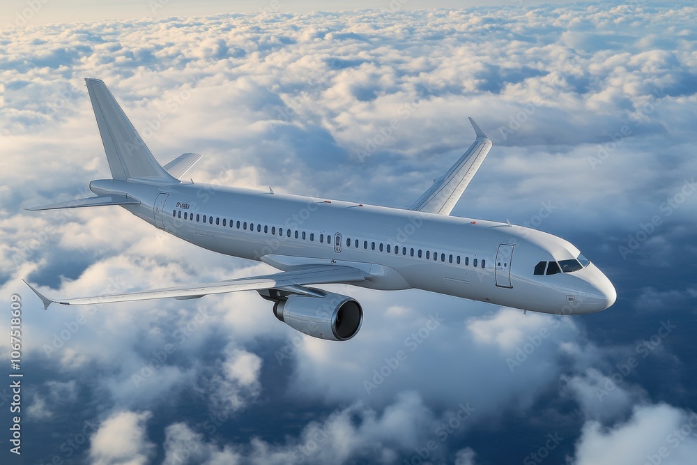 Airplane Flying in Blue Sky with Clouds Above Airplane Flying in Blue Sky with Clouds Above