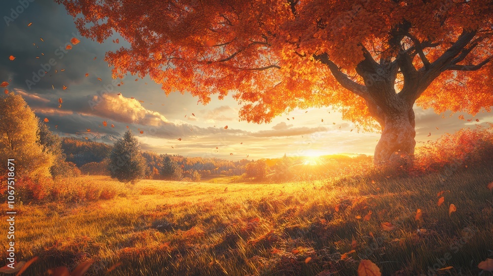 A serene autumn sunset illuminates a golden field with vibrant orange and red leaves under a large tree. A serene autumn sunset illuminates a golden field with vibrant orange and red leaves under a large tree.