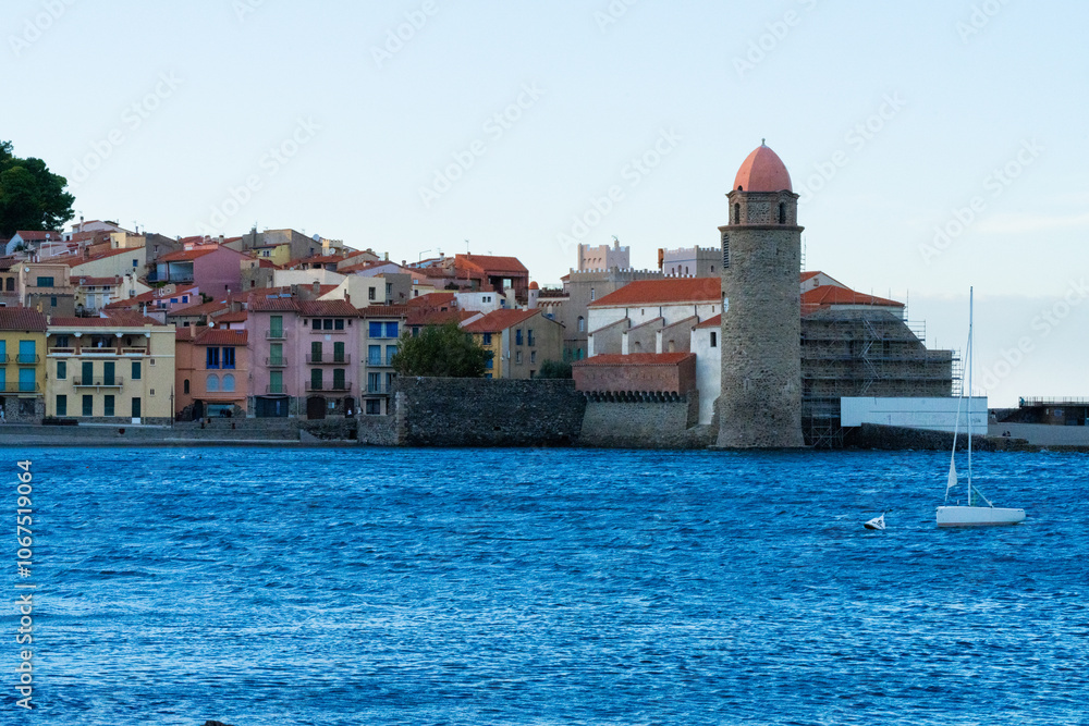 village tower medieval old vacation sea Collioure village tower medieval old vacation sea Collioure