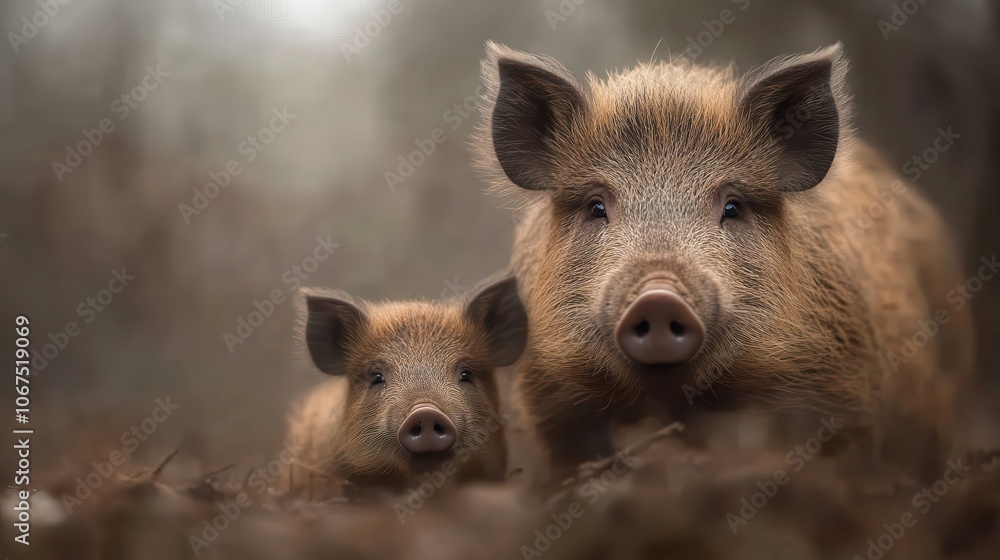 A close-up shot of a wild boar and its cub in their natural habitat, capturing the tender bond between parent and offspring amidst natural surroundings. A close-up shot of a wild boar and its cub in their natural habitat, capturing the tender bond between parent and offspring amidst natural surroundings.