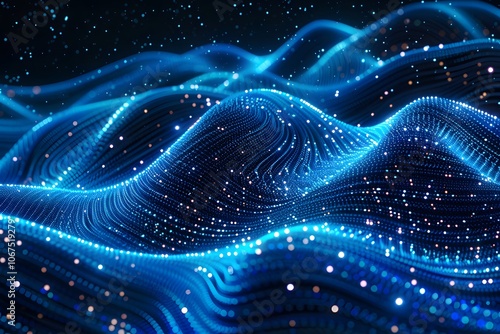 Mesmerizing Blue Waves of Light and Data in a Digital Landscape
