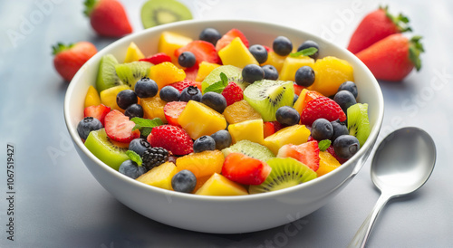 Uma salada de frutas fresca e colorida servida em uma tigela branca, apresentando uma variedade de frutas, ideal para uma alimentação saudável.