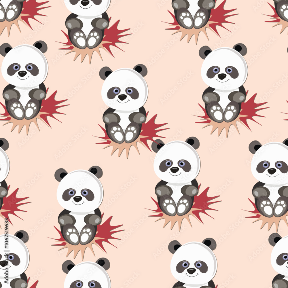 Seamless pattern with cute panda baby on color background. Funny asian animals. Card, postcards for kids. Flat vector illustration for fabric, textile, wallpaper, poster, gift wrapping paper Seamless pattern with cute panda baby on color background. Funny asian animals. Card, postcards for kids. Flat vector illustration for fabric, textile, wallpaper, poster, gift wrapping paper