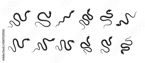 Black silhouette snake icon set. Isolated snake symbol on white background. Abstract snake sign