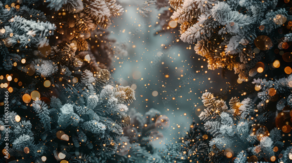 Fototapeta premium christmas tree branches with garland lights, copy space