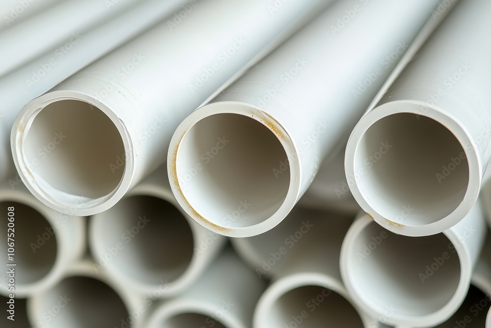 White PVC electrical conduits run along the building White PVC electrical conduits run along the building