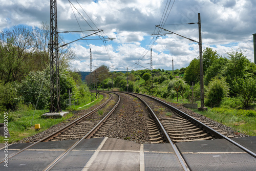 Obraz na płótnie Railway outdoors on beautiful summer day. Industrial landscape with rails and railway. w salonie