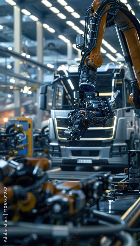 Futuristic Automotive Factory with Robotic Arms Assembling Autonomous Electric Trucks Futuristic Automotive Factory with Robotic Arms Assembling Autonomous Electric Trucks